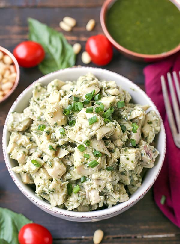 This Paleo Whole30 Pesto Chicken Salad is an easy and delicious meal that is healthy and filling. Just 3 simple ingredients combined to make a flavorful meal. Gluten free, dairy free, low fodmap, and low carb.