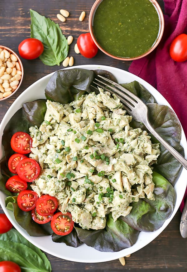 This Paleo Whole30 Pesto Chicken Salad is an easy and delicious meal that is healthy and filling. Just 3 simple ingredients combined to make a flavorful meal. Gluten free, dairy free, low fodmap, and low carb.