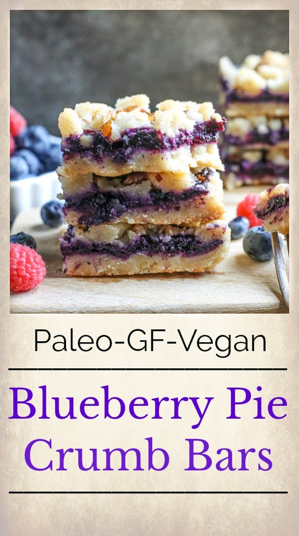 These Paleo Blueberry Pie Crumb Bars are simple to make and so delicious. A shortbread crust, thick layer of blueberries, and a crumble topping. These layered bars are gluten free, dairy free, vegan, and naturally sweetened.