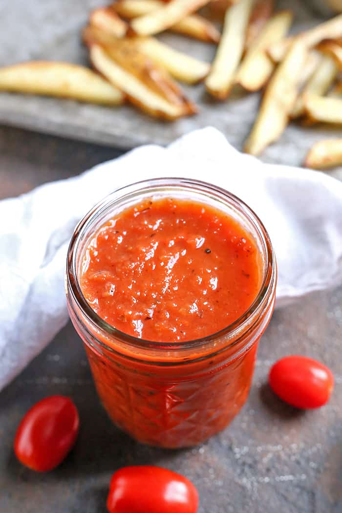 This Paleo Low FODMAP Homemade Ketchup is so simple and delicious! It has only 5 ingredients, and is ready in 20 minutes. Great for dipping or used in recipes. Whole30, sugar free, low carb, and so flavorful.