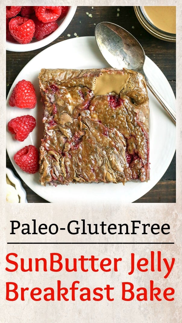 This Paleo SunButter Jelly Breakfast Bake has all the classic pbj flavors, but grain and sugar free. It is a great make ahead breakfast that is satisfying and delicious. Gluten free, dairy free, nut free, with an egg free option.