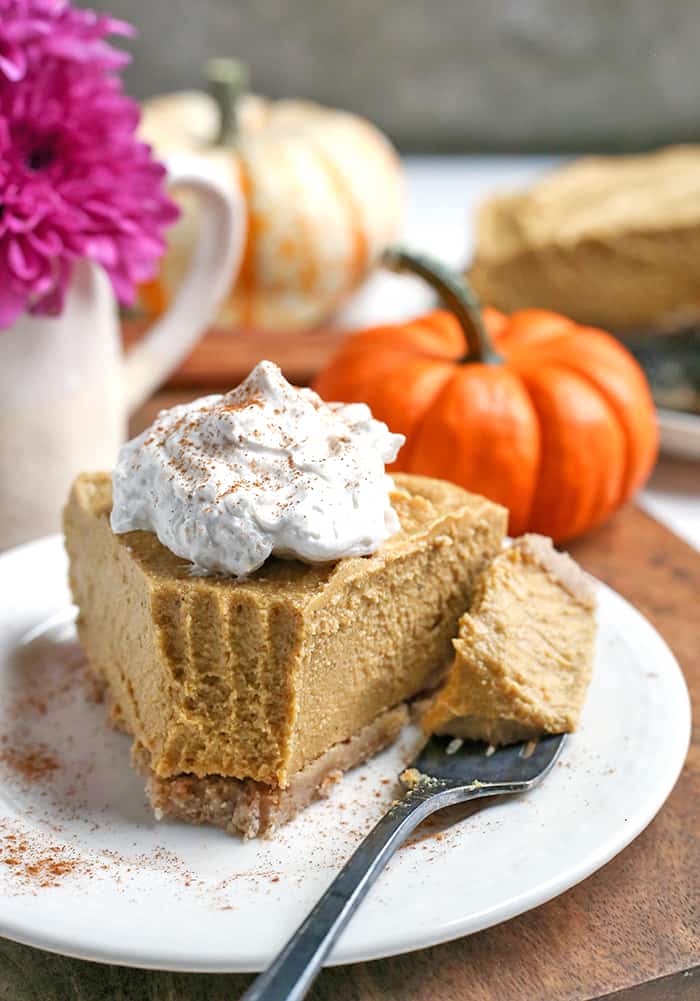 This Paleo Vegan Pumpkin Cheesecake is super creamy with a graham cracker-like crust and a filling made with cashews. It is gluten free, dairy free, vegan, naturally sweetened and almost completely no-bake. A dessert everyone will love.