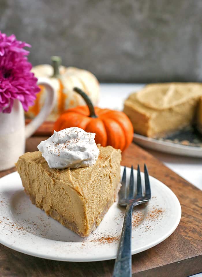 This Paleo Vegan Pumpkin Cheesecake is super creamy with a graham cracker-like crust and a filling made with cashews. It is gluten free, dairy free, vegan, naturally sweetened and almost completely no-bake. A dessert everyone will love.