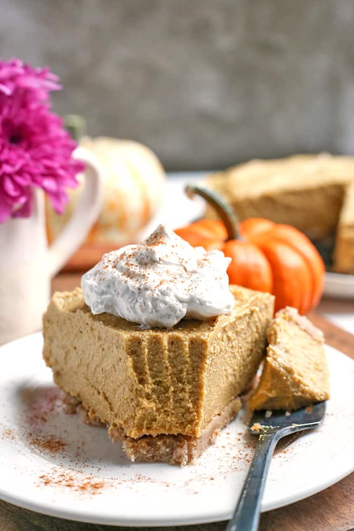 This Paleo Vegan Pumpkin Cheesecake is super creamy with a graham cracker-like crust and a filling made with cashews. It is gluten free, dairy free, vegan, naturally sweetened and almost completely no-bake. A dessert everyone will love.