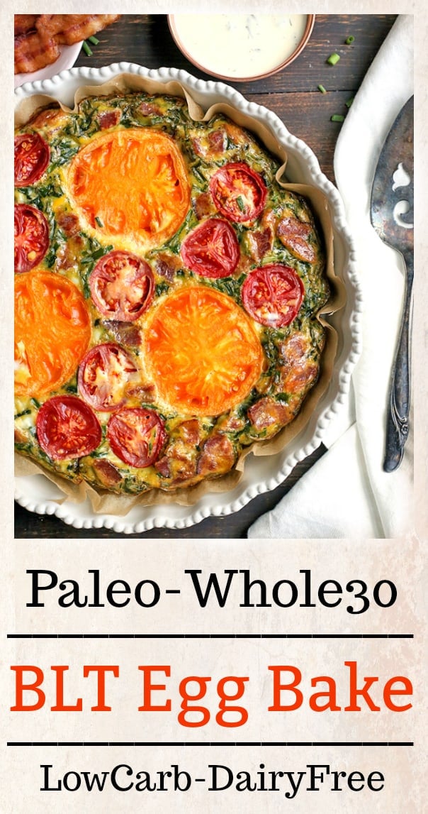 This Paleo Whole30 BLT Breakfast Bake has all the flavors of a BLT, but packed in a delicious egg bake. Crispy bacon, baby spinach, and fresh tomatoes combine for a tasty, filling breakfast. Gluten free, dairy free, low carb, and low fodmap.