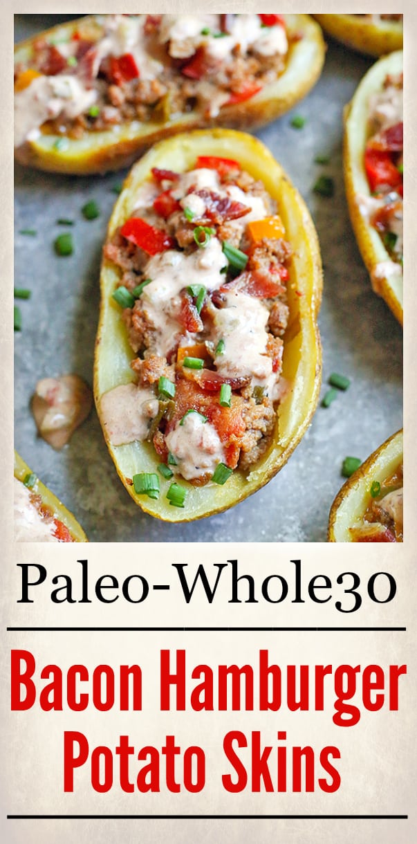 These Paleo Whole30 Bacon Hamburger Potato Skins have all the flavors of a juicy burger, but packed in a crispy potato skin. Such a fun meal that everyone will love. They are gluten free, dairy free, and low fodmap.