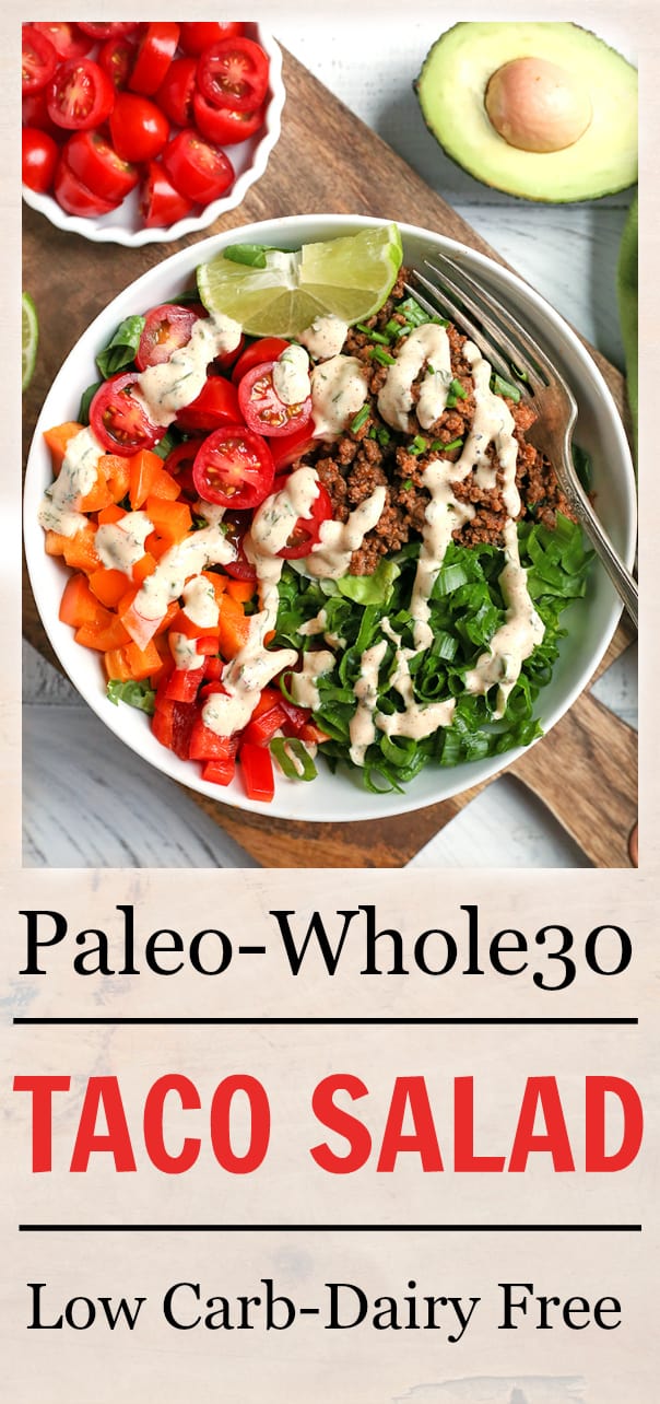 This Paleo Whole30 Taco Salad is an easy, filling, healthy meal that everyone will love. Seasoned meat and loads of veggies make for a complete meal and it's gluten free, dairy free, low fodmap, and low carb.