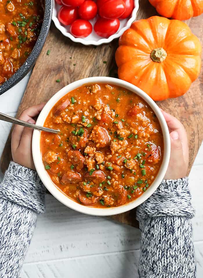 This Paleo Pumpkin Chili and Spider Hot Dogs are two individual meals that both kids and adults will love. The chili is Whole30 compliant and the hot dogs are a fun paleo treat.