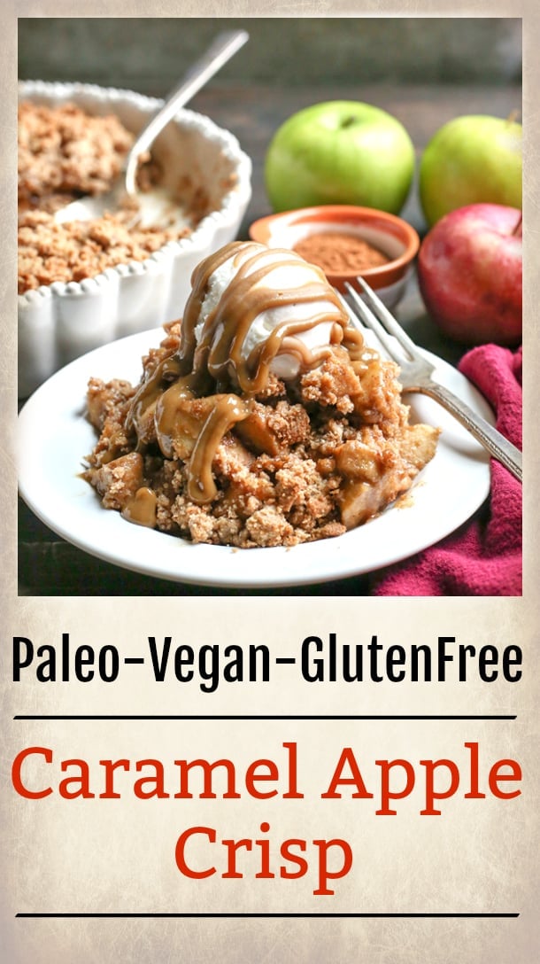 This Paleo Vegan Caramel Apple Crisp is the perfect fall treat! A simple caramel mixed together with the apples and topped with an irresistible crumb topping. Perfect with a scoop of dairy free ice cream and more caramel! It's gluten free, dairy free, and naturally sweetened.