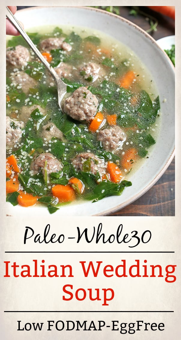 This Paleo Whole30 Italian Wedding Soup is hearty, flavorful, and easy! Tender, juicy meatballs in a veggie filled broth that will sure to become a family favorite. Gluten free, dairy free, egg free, and low fodmap.