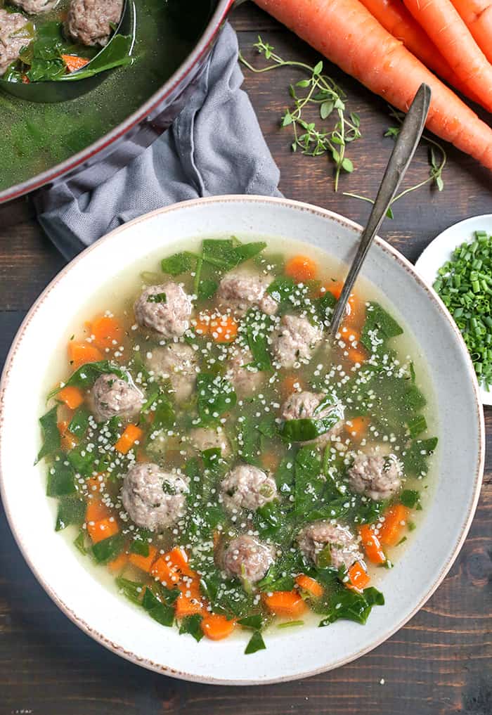 This Paleo Whole30 Italian Wedding Soup is hearty, flavorful, and easy! Tender, juicy meatballs in a veggie filled broth that will sure to become a family favorite. Gluten free, dairy free, egg free, and low fodmap.