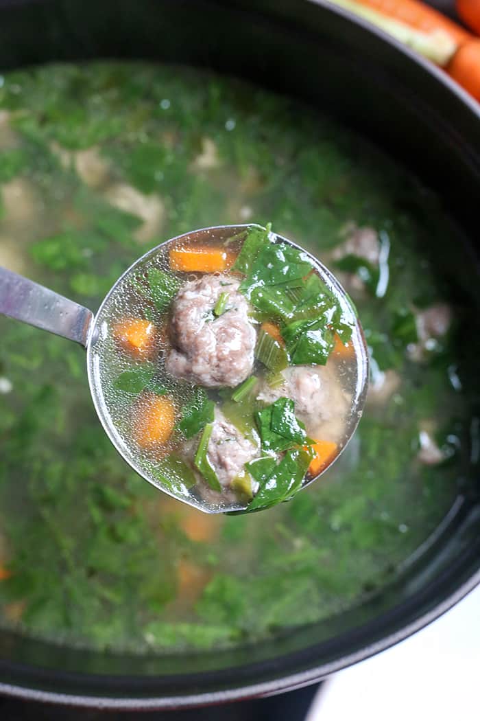 This Paleo Whole30 Italian Wedding Soup is hearty, flavorful, and easy! Tender, juicy meatballs in a veggie filled broth that will sure to become a family favorite. Gluten free, dairy free, egg free, and low fodmap.