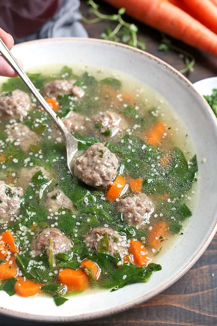 This Paleo Whole30 Italian Wedding Soup is hearty, flavorful, and easy! Tender, juicy meatballs in a veggie filled broth that will sure to become a family favorite. Gluten free, dairy free, egg free, and low fodmap.