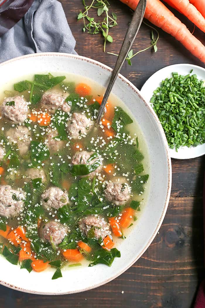This Paleo Whole30 Italian Wedding Soup is hearty, flavorful, and easy! Tender, juicy meatballs in a veggie filled broth that will sure to become a family favorite. Gluten free, dairy free, egg free, and low fodmap.
