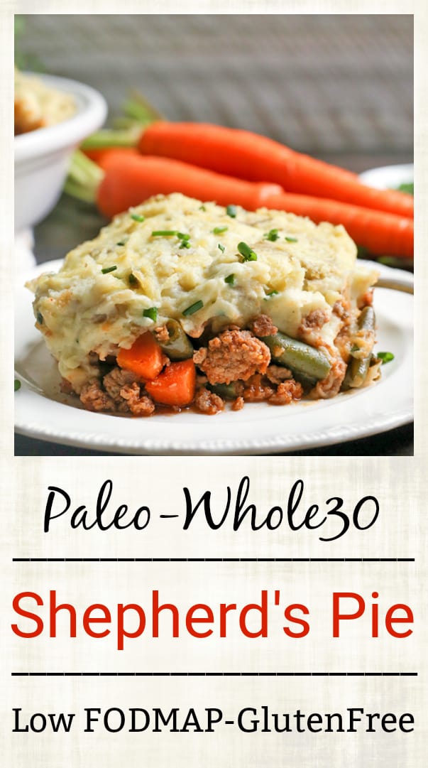 This Paleo Whole30 Shepherd's Pie is comfort food that is perfect for chilly days. A layer of lamb and veggies is topped with creamy mashed potatoes and baked together for one hearty meal. Everyone will love it! It's gluten free, dairy free, and low fodmap.