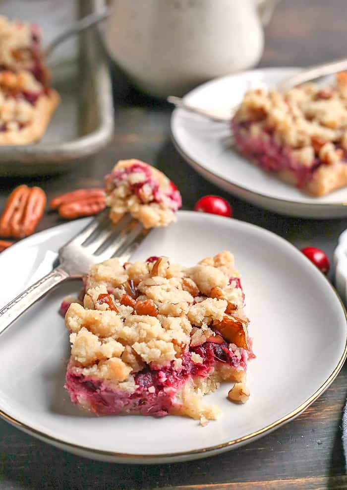 These Paleo Vegan Cranberry Crumb Bars are simple to make and so delicious! A shortbread crust, thick layer of cranberry sauce and then a delicious crumb topping. They are gluten free, dairy free and naturally sweetened.