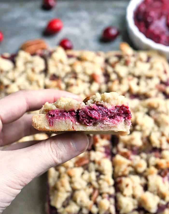 These Paleo Vegan Cranberry Crumb Bars are simple to make and so delicious! A shortbread crust, thick layer of cranberry sauce and then a delicious crumb topping. They are gluten free, dairy free and naturally sweetened.