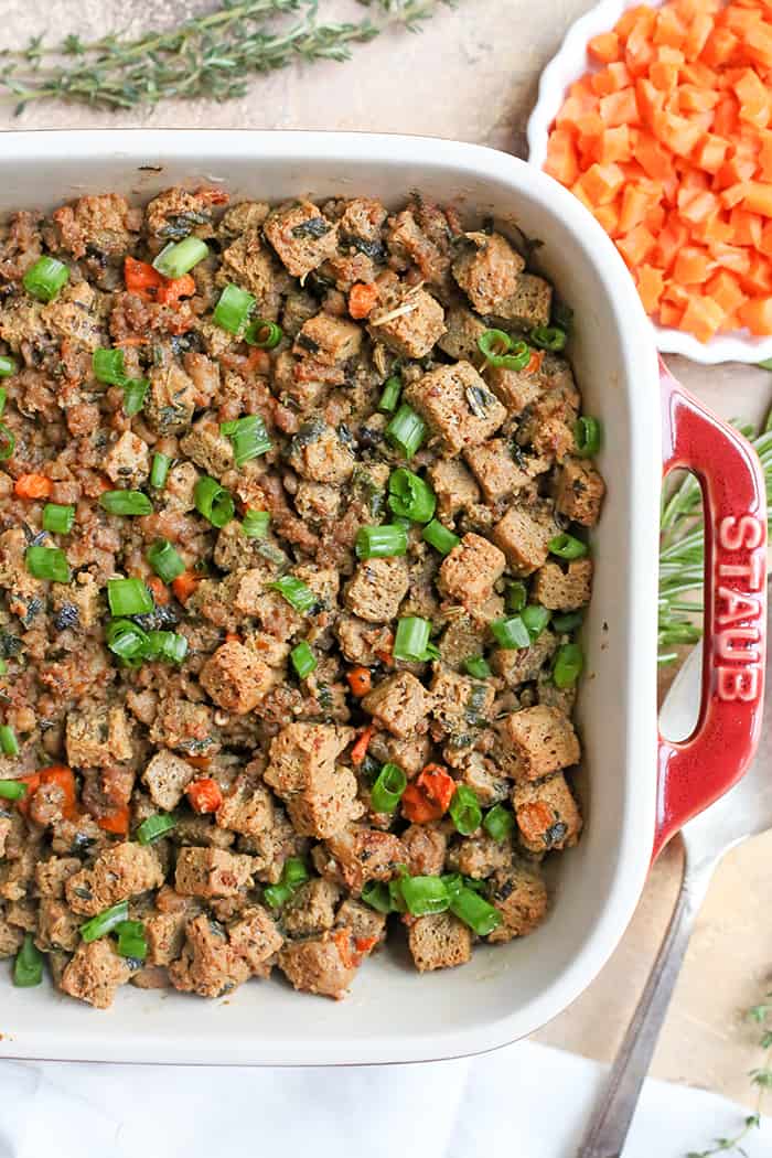 This Paleo Low Carb Sausage Stuffing is hearty, flavorful, and no one will know it's healthy! It has all the flavors of traditional stuffing, but made nut free, gluten free, dairy free, and low FODMAP!