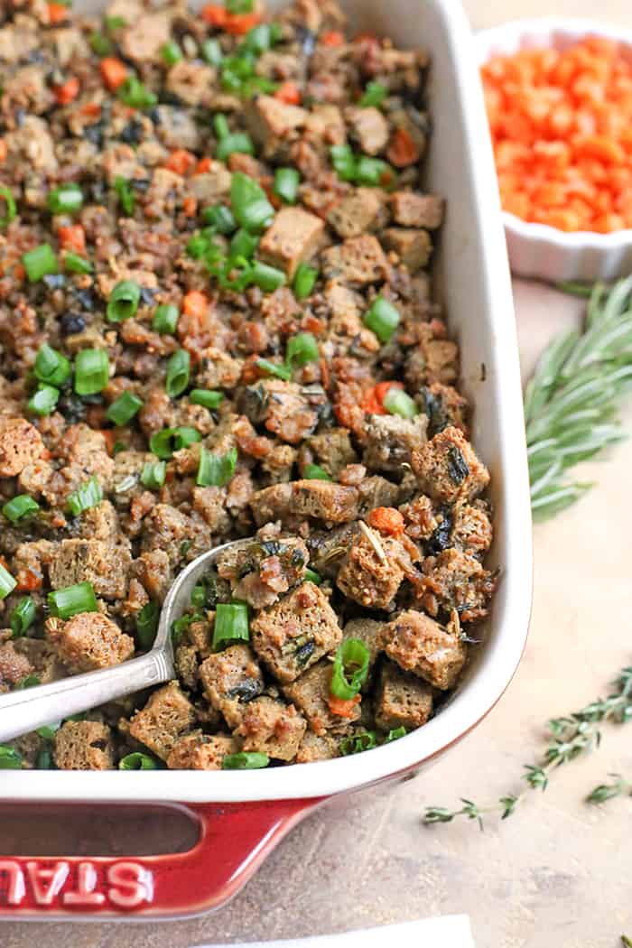 This Paleo Low Carb Sausage Stuffing is hearty, flavorful, and no one will know it's healthy! It has all the flavors of traditional stuffing, but made nut free, gluten free, dairy free, and low FODMAP!