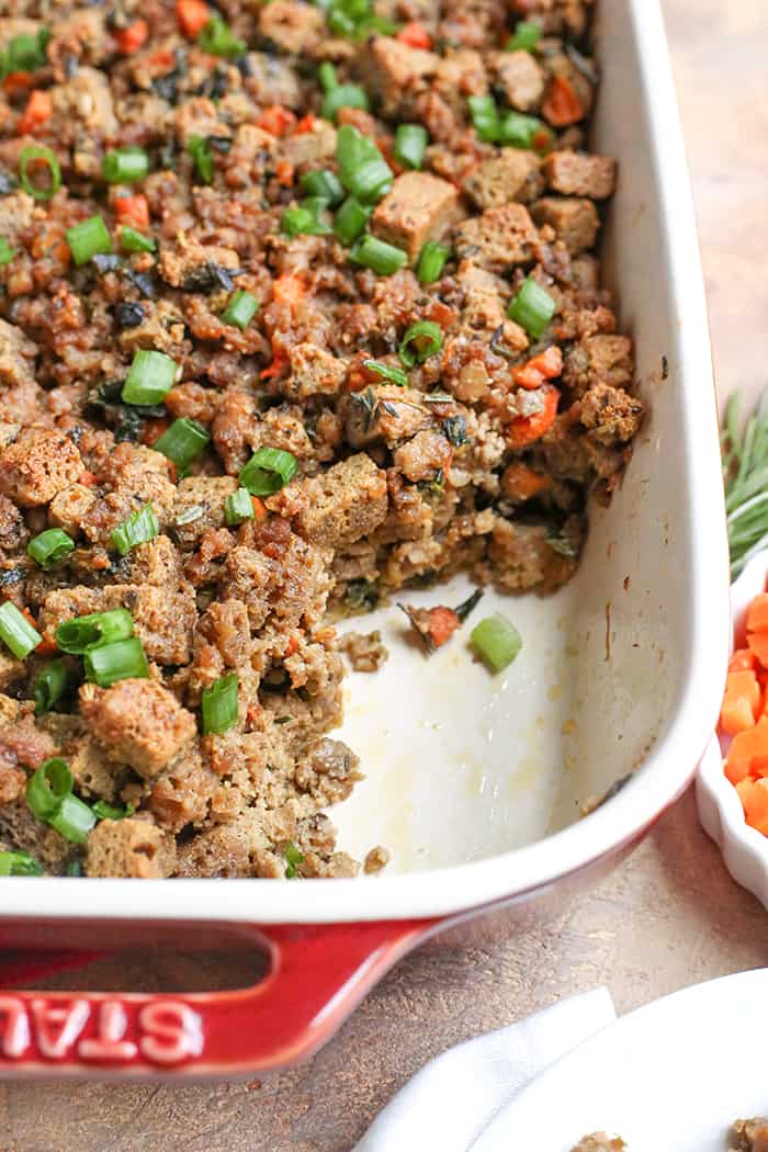 This Paleo Low Carb Sausage Stuffing is hearty, flavorful, and no one will know it's healthy! It has all the flavors of traditional stuffing, but made nut free, gluten free, dairy free, and low FODMAP!