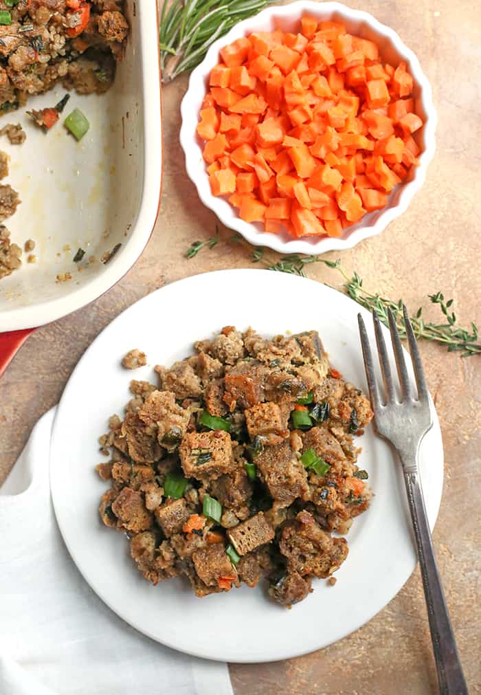 This Paleo Low Carb Sausage Stuffing is hearty, flavorful, and no one will know it's healthy! It has all the flavors of traditional stuffing, but made nut free, gluten free, dairy free, and low FODMAP!