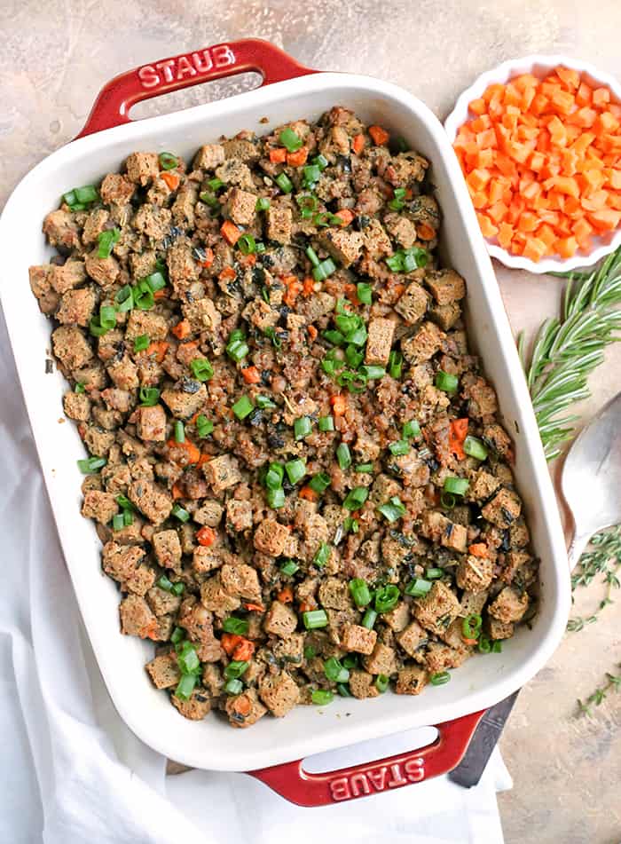 This Paleo Low Carb Sausage Stuffing is hearty, flavorful, and no one will know it's healthy! It has all the flavors of traditional stuffing, but made nut free, gluten free, dairy free, and low FODMAP!