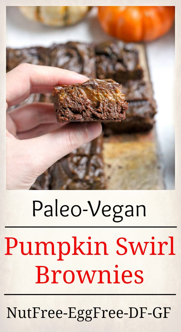 These Paleo Vegan Pumpkin Swirl Brownies are so rich, delicious, and easy to make! They are gluten free, dairy free, egg free, vegan, nut free, and naturally sweetened.