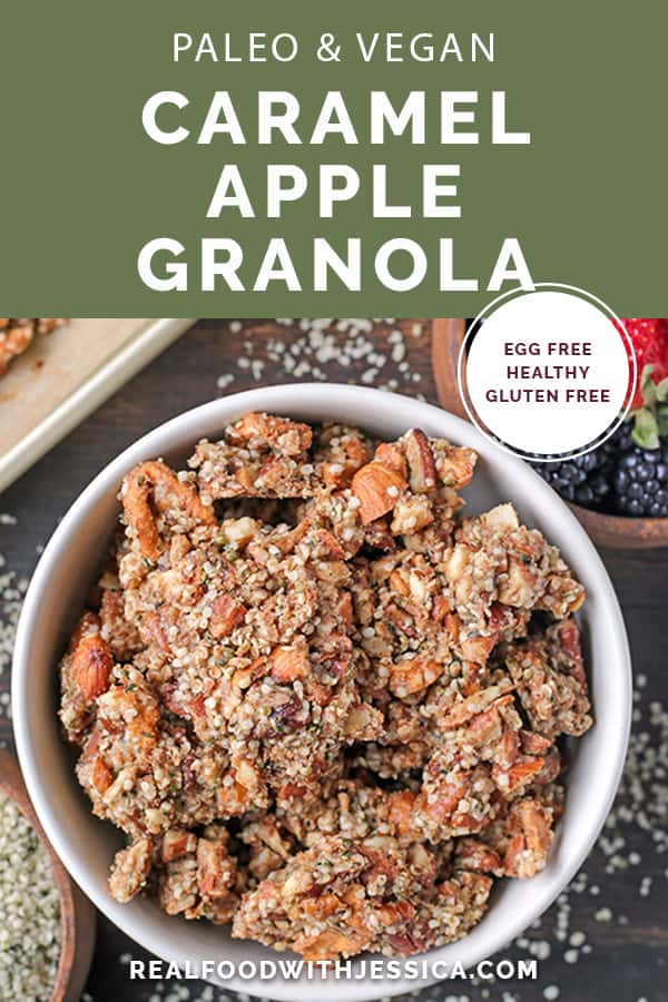 This Paleo Caramel Apple Granola is easy to make and is such a great snack. The sweet cinnamon, chewy apples, and crunchy seeds combine to make a tasty treat. It's gluten free, dairy free, naturally sweetened and vegan.
