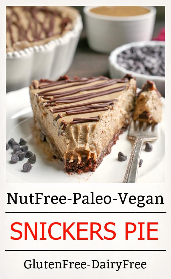 This Nut-Free Paleo Vegan Snickers Pie is an easy no-bake dessert and incredibly delicious! A chewy chocolate crust, creamy caramel layer and soft SunButter mousse. It's gluten free, dairy free, and naturally sweetened.