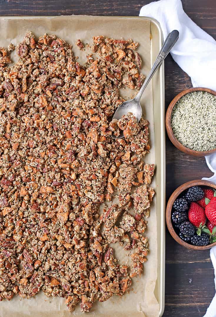 This Paleo Caramel Apple Granola is easy to make and is such a great snack. The sweet cinnamon, chewy apples, and crunchy seeds combine to make a tasty treat. It's gluten free, dairy free, naturally sweetened and vegan.