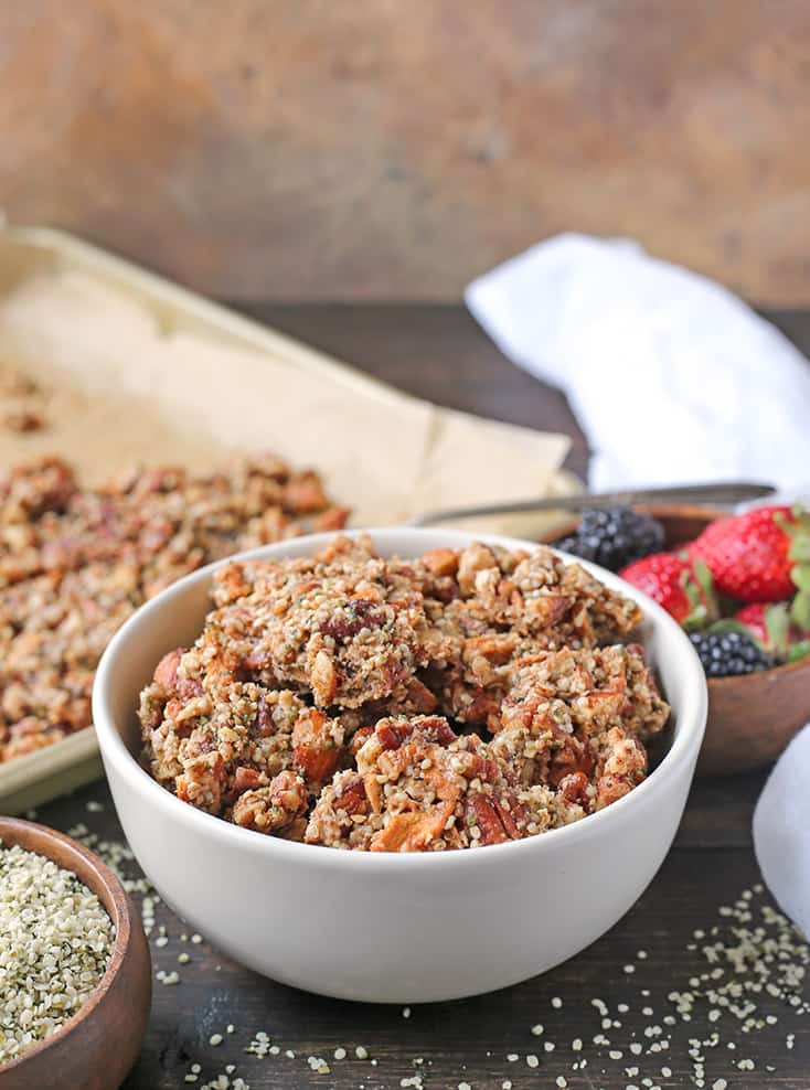 This Paleo Caramel Apple Granola is easy to make and is such a great snack. The sweet cinnamon, chewy apples, and crunchy seeds combine to make a tasty treat. It's gluten free, dairy free, naturally sweetened and vegan.