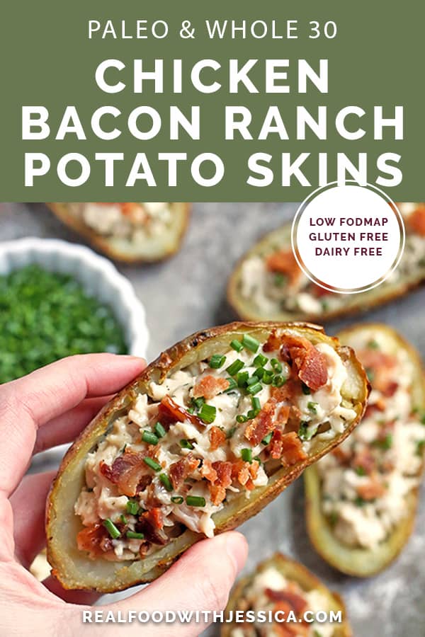 These Paleo Chicken Bacon Ranch Potato Skins make a great meal or appetizer. Juicy chicken, creamy ranch, and crispy bacon packed in a potato skin. They are Whole30, gluten free, dairy free, and low FODMAP.