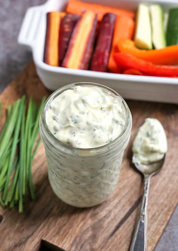 This Paleo Low FODMAP Ranch Dressing is simple and so flavorful. Easy to make and great for dipping. Whole30, gluten free, dairy free, and low carb.