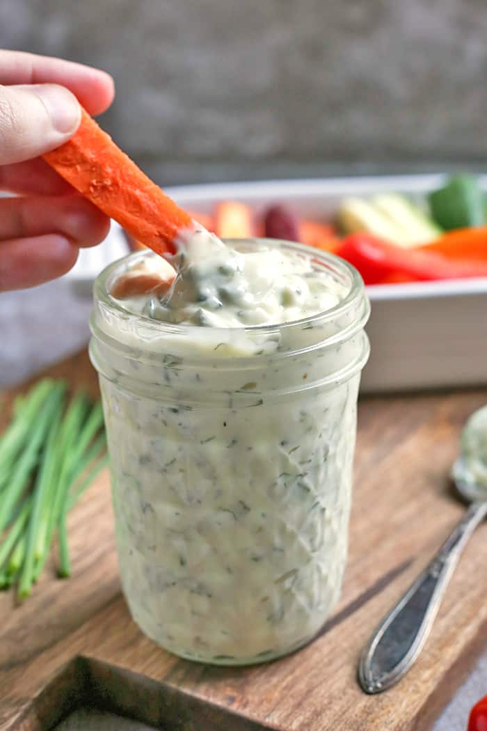 This Paleo Low FODMAP Ranch Dressing is simple and so flavorful. Easy to make and great for dipping. Whole30, gluten free, dairy free, and low carb.