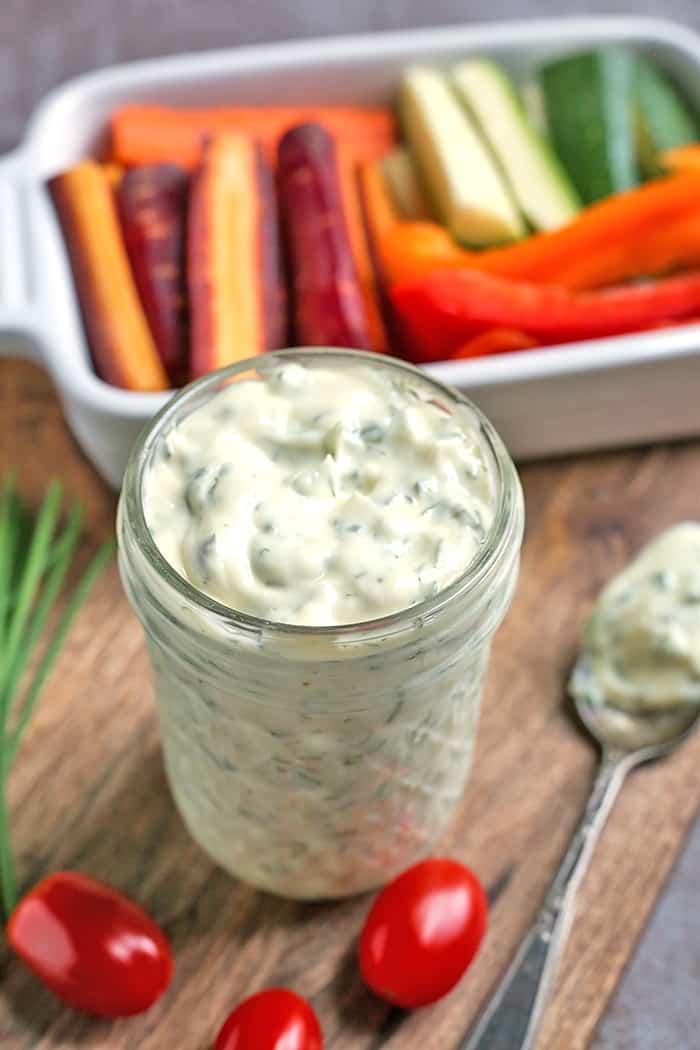 This Paleo Low FODMAP Ranch Dressing is simple and so flavorful. Easy to make and great for dipping. Whole30, gluten free, dairy free, and low carb.