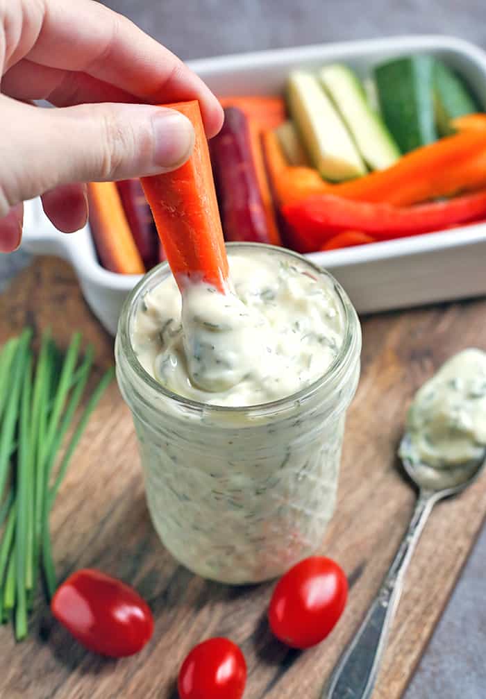 This Paleo Low FODMAP Ranch Dressing is simple and so flavorful. Easy to make and great for dipping. Whole30, gluten free, dairy free, and low carb.
