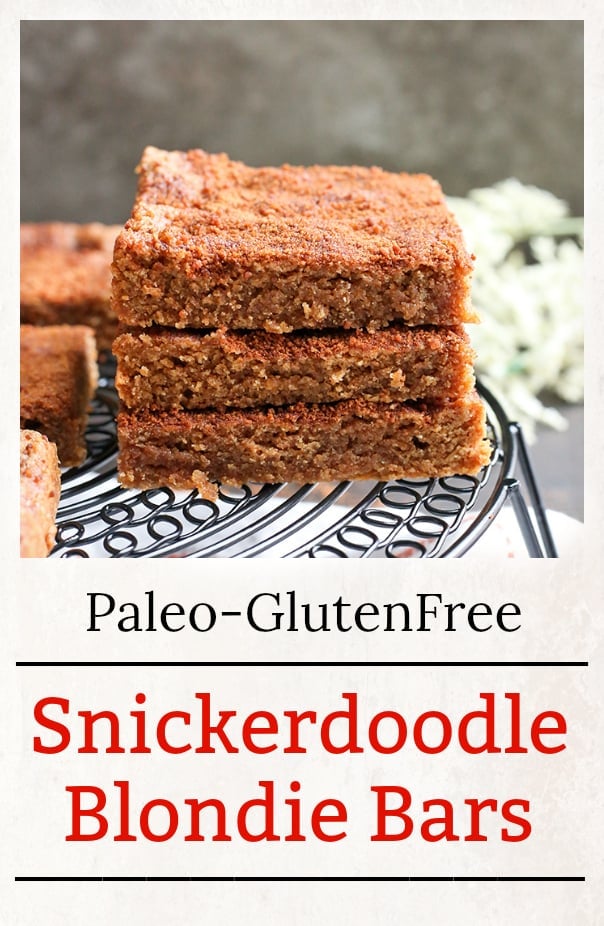 These Paleo Snickerdoodle Blondie Bars are quick, easy and so delicious! All the flavors of a snickerdoodle cookie, made in bar form. Gluten free, dairy free, and naturally sweetened.