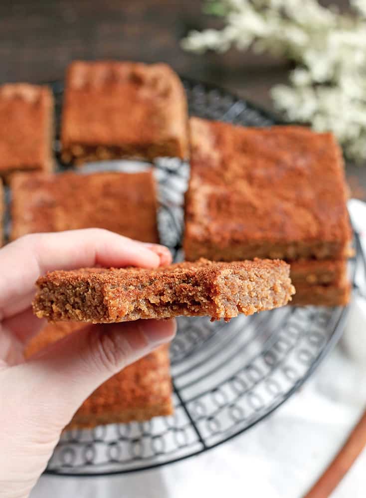 These Paleo Snickerdoodle Blondie Bars are quick, easy and so delicious! All the flavors of a snickerdoodle cookie, made in bar form. Gluten free, dairy free, and naturally sweetened.