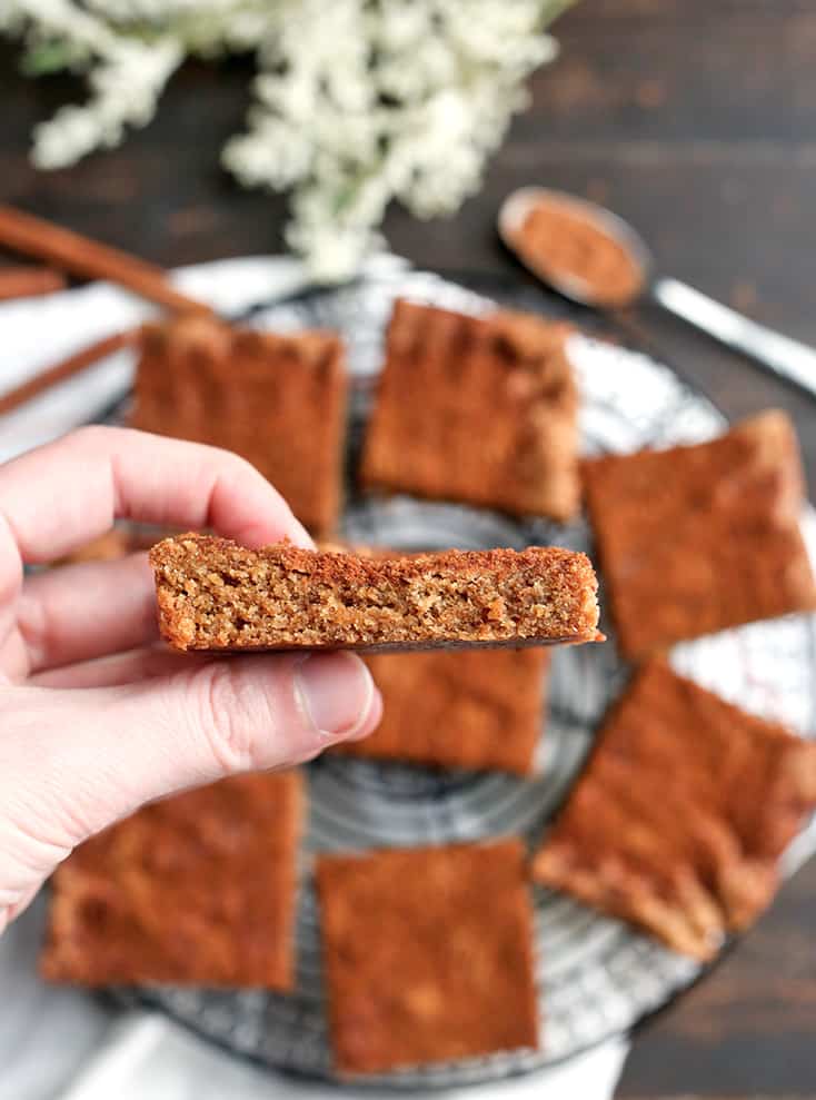 These Paleo Snickerdoodle Blondie Bars are quick, easy and so delicious! All the flavors of a snickerdoodle cookie, made in bar form. Gluten free, dairy free, and naturally sweetened.