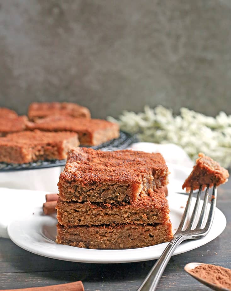 These Paleo Snickerdoodle Blondie Bars are quick, easy and so delicious! All the flavors of a snickerdoodle cookie, made in bar form. Gluten free, dairy free, and naturally sweetened.