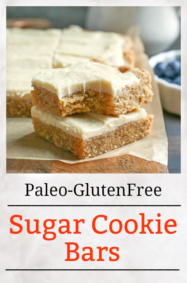 These Paleo Sugar Cookie Bars are so easy to make and have all the same flavors as a sugar cookie. Gluten free, dairy free and naturally sweetened.