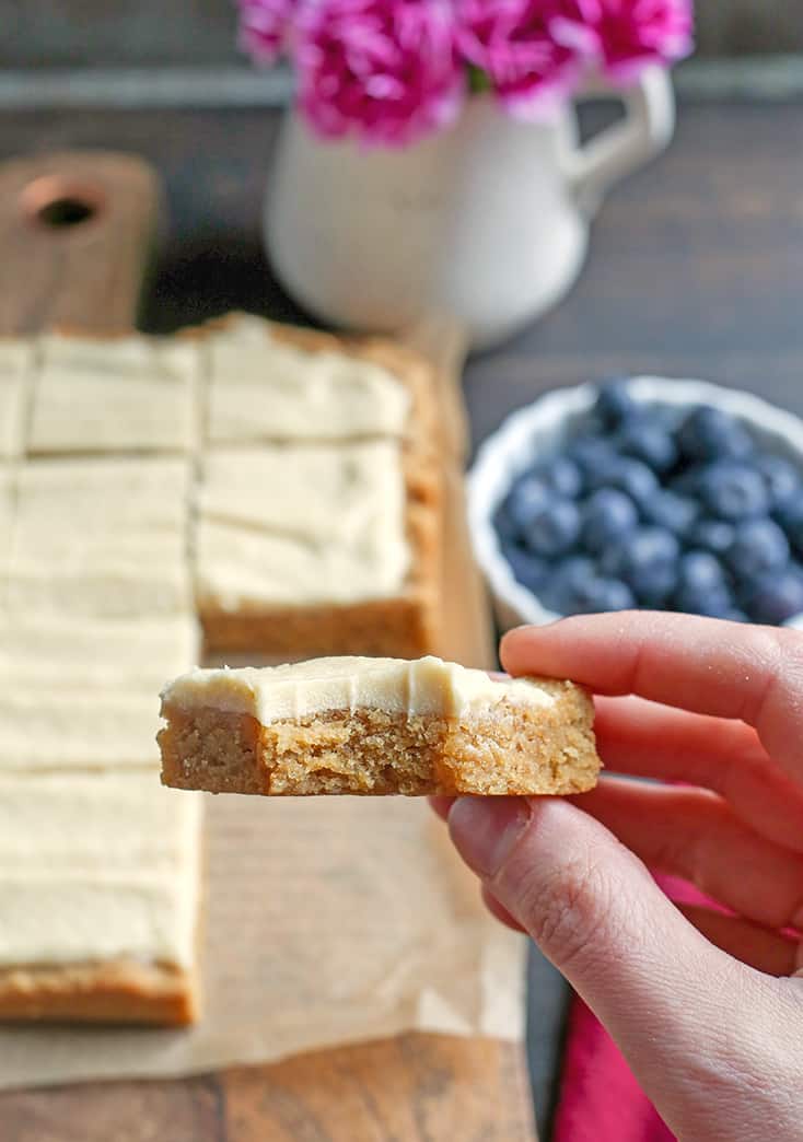 These Paleo Sugar Cookie Bars are so easy to make and have all the same flavors as a sugar cookie. Gluten free, dairy free and naturally sweetened.