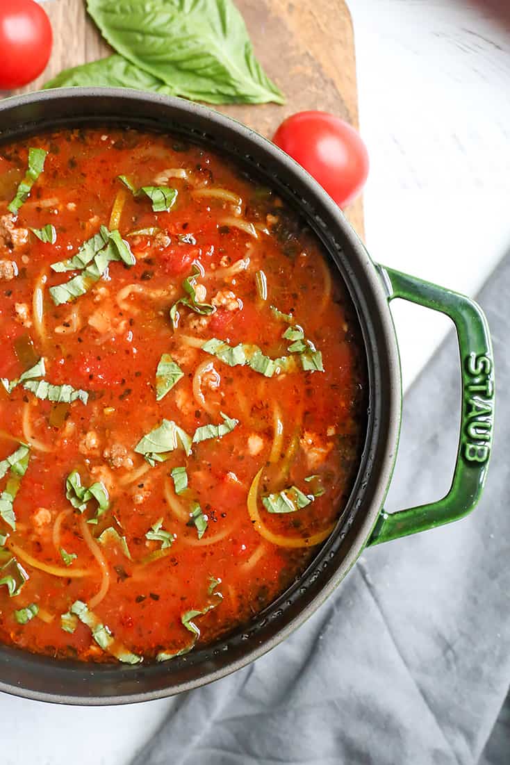 This Paleo Whole30 Lasagna Soup has all the flavors of lasagna, but made way easier and quicker. A simple dinner that is gluten free, dairy free, and low FODMAP.