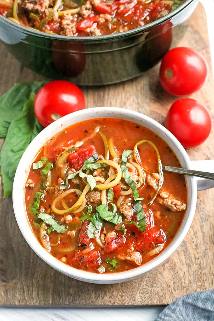 This Paleo Whole30 Lasagna Soup has all the flavors of lasagna, but made way easier and quicker. A simple dinner that is gluten free, dairy free, and low FODMAP.