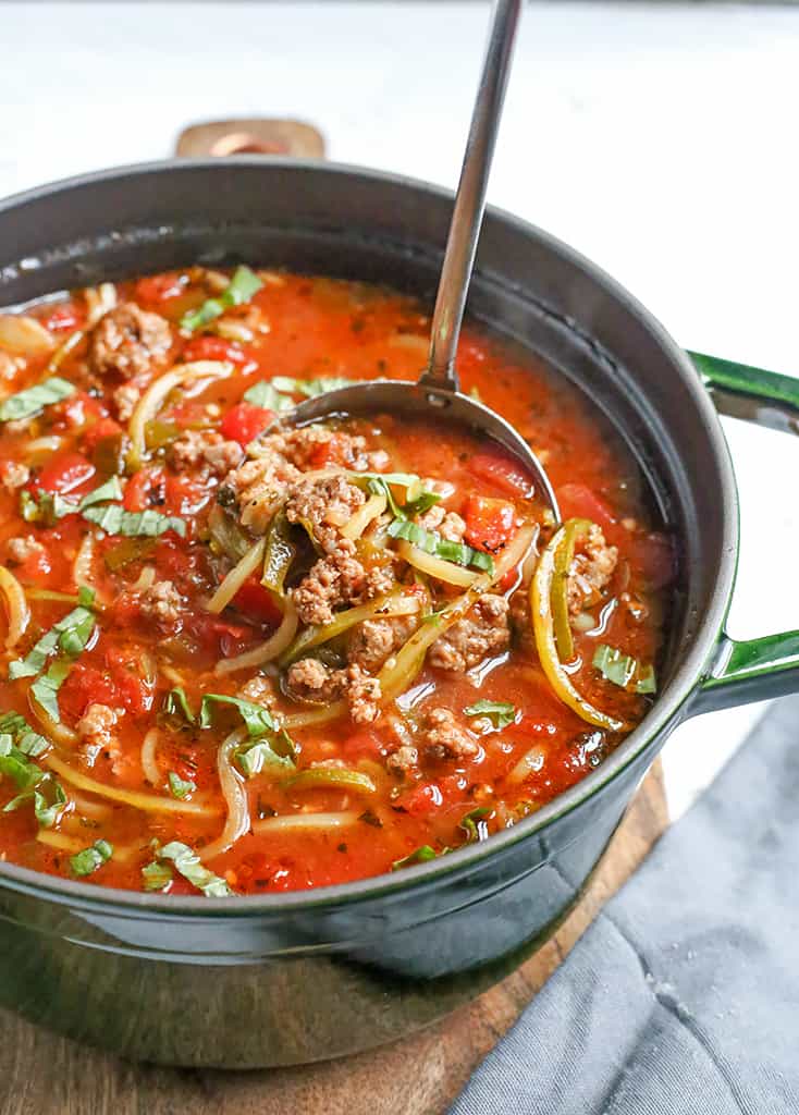 This Paleo Whole30 Lasagna Soup has all the flavors of lasagna, but made way easier and quicker. A simple dinner that is gluten free, dairy free, and low FODMAP.