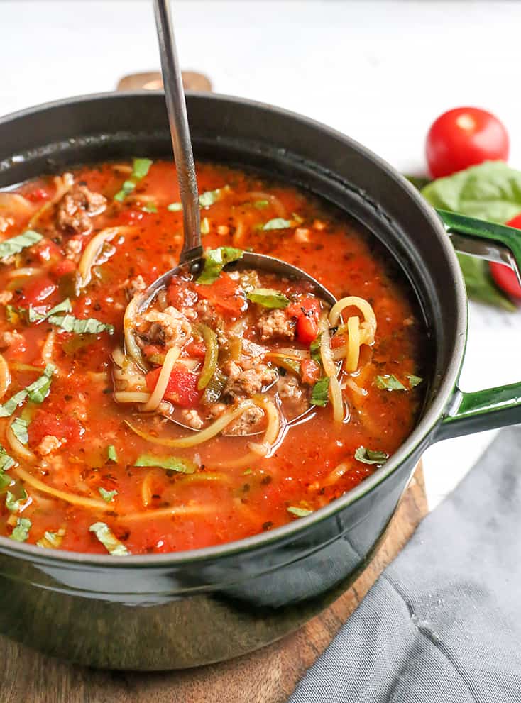 This Paleo Whole30 Lasagna Soup has all the flavors of lasagna, but made way easier and quicker. A simple dinner that is gluten free, dairy free, and low FODMAP.