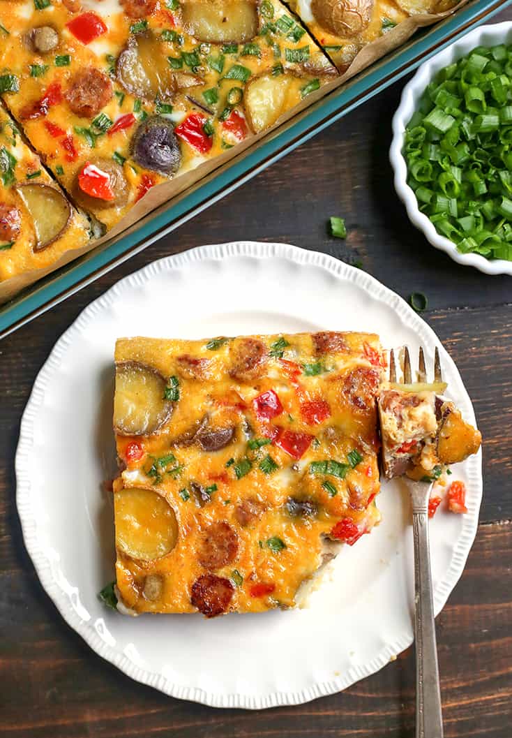 This Paleo Whole30 Sausage Potato Breakfast Casserole is the perfect make ahead meal. It's hearty, filling, and delicious! Gluten free, dairy free, and low FODMAP.