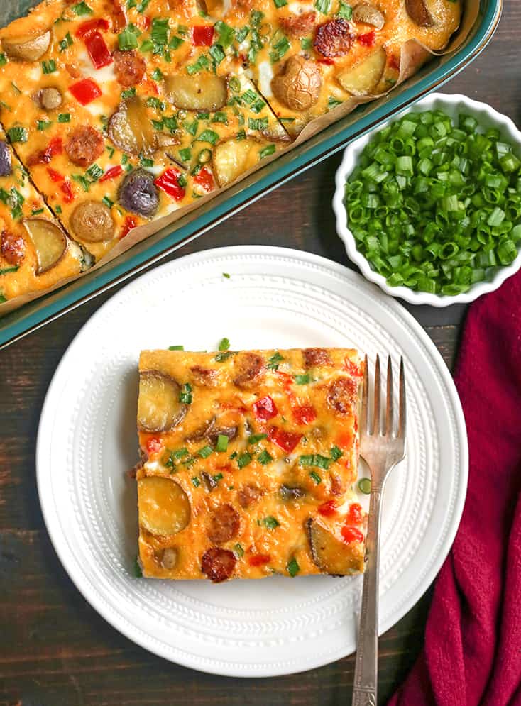 This Paleo Whole30 Sausage Potato Breakfast Casserole is the perfect make ahead meal. It's hearty, filling, and delicious! Gluten free, dairy free, and low FODMAP.