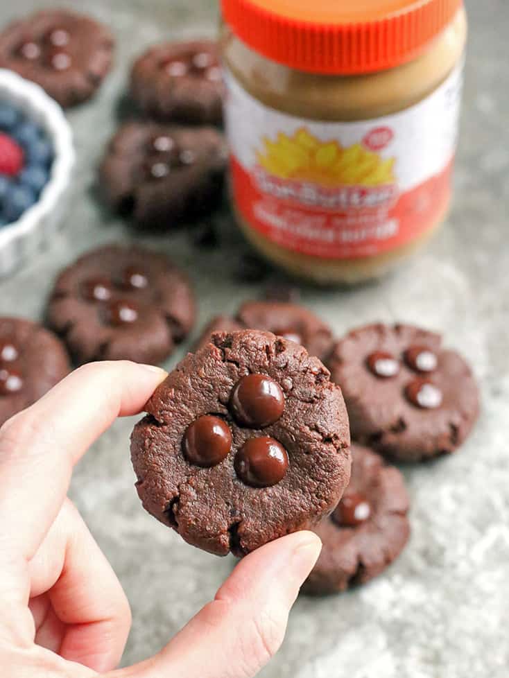 These Paleo Nut-Free Chocolate Brownie Cookies have only 3 ingredients and are so easy to make. They are rich and super chocolatey. Sweetened only with dates and they also are gluten free, dairy free, egg free, and vegan.