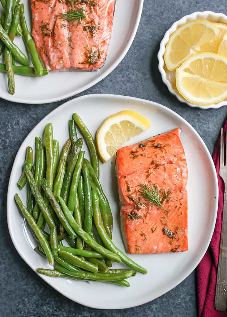 This Paleo Whole30 Air Fryer Dill Salmon and green beans is a whole meal made in 12 minutes!  Gluten free, dairy free, low carb and low FODMAP.